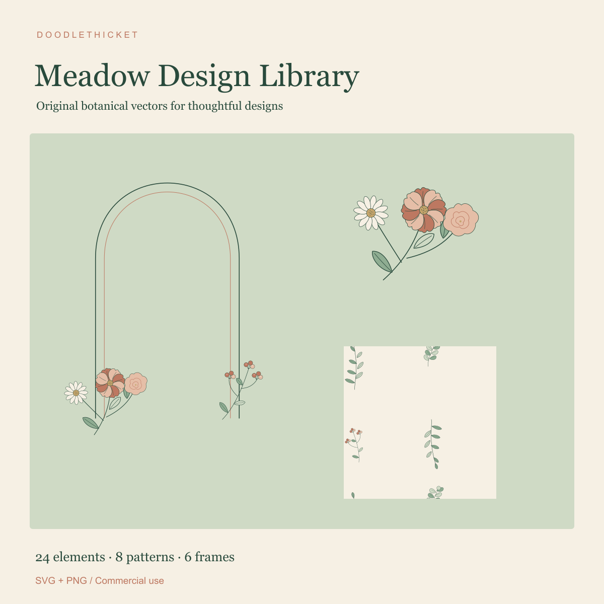 Doodle Thicket Meadow Design Library preview with original botanical artwork, frames and seamless patterns.