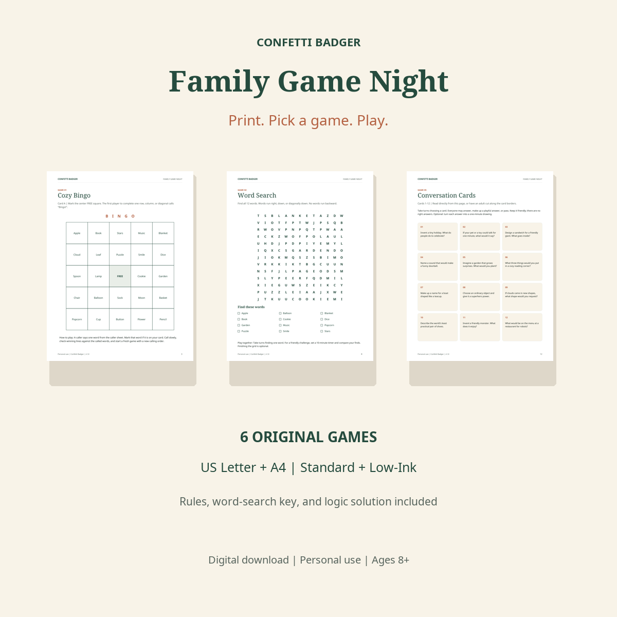 Confetti Badger Family Game Night preview showing printable bingo, word search and family activity pages.