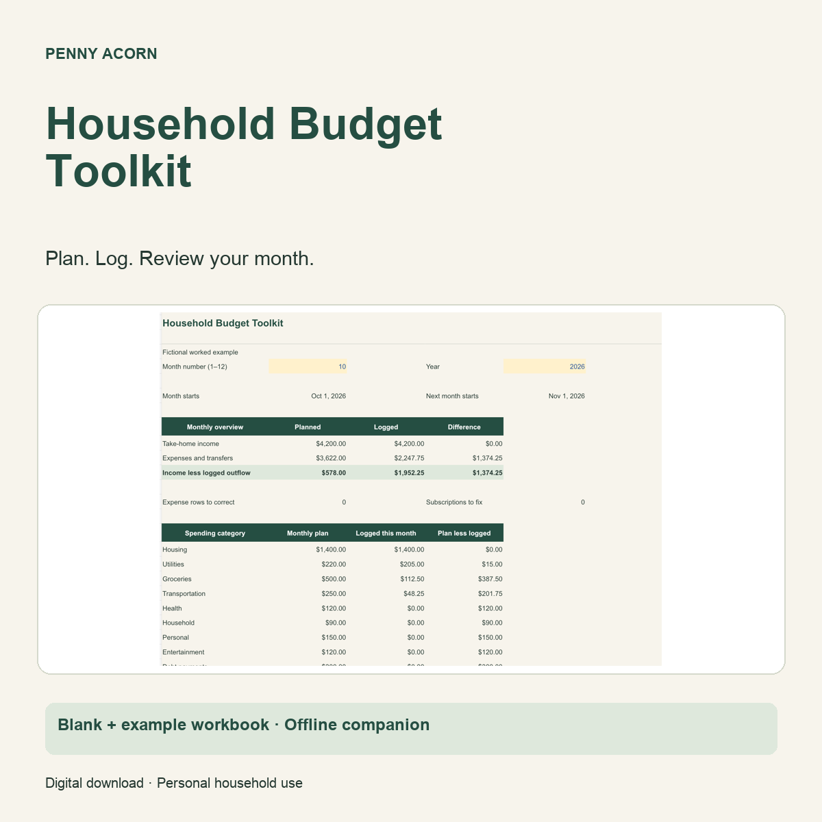 Penny Acorn Household Budget Toolkit preview showing its spreadsheet and offline browser formats.