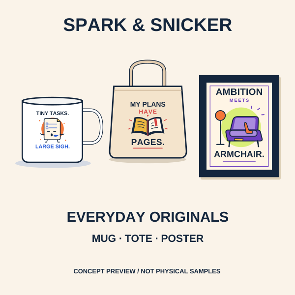 Spark and Snicker artwork previews: a sleepy workday checklist, an open book and a colorful lounge chair.